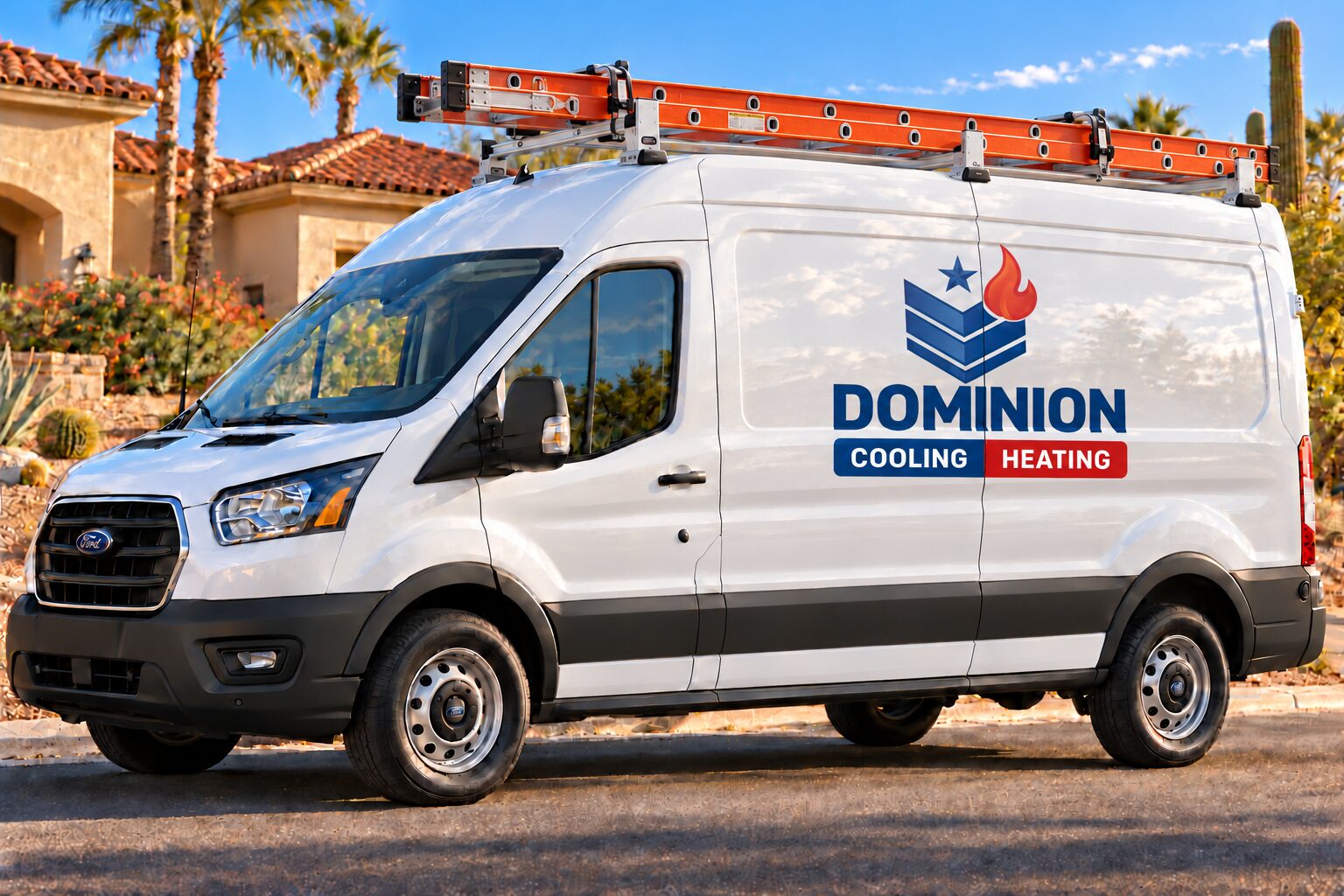 Dominion Cooling & Heating service van with roof ladder rack parked in front of a Mesa home