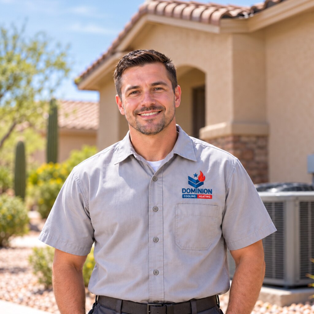 Dominion Cooling & Heating technician in uniform in front of a Mesa home's AC condenser